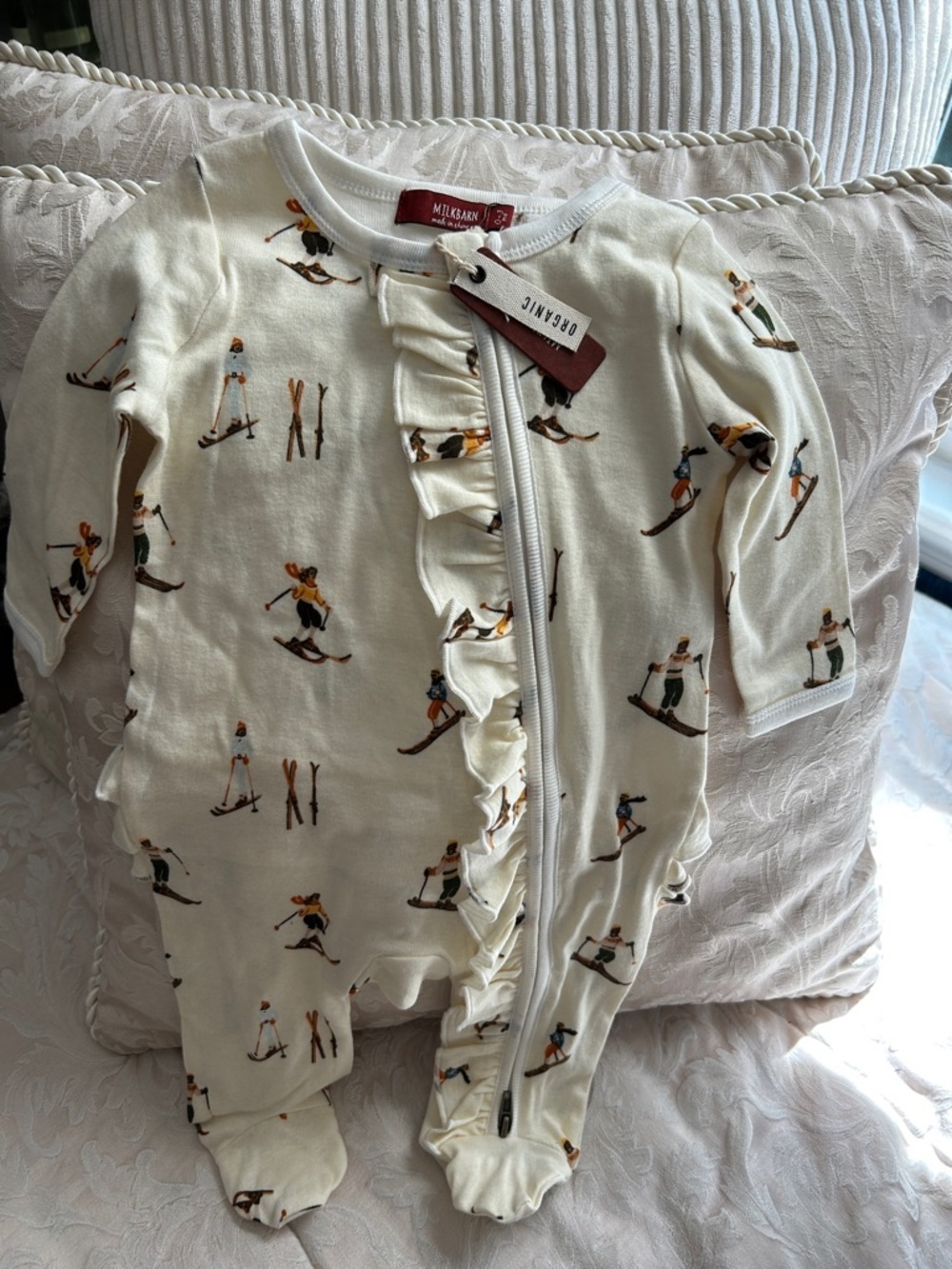 Milkbarn Organic Cream Ski Print Zipper One Piece. 0-3 months